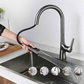 Kitchen Faucet with Sprayer,Pull-out 3-Function Button Design Single Handle One Hole Tall High Arc Modern Contemporary Kitchen Taps