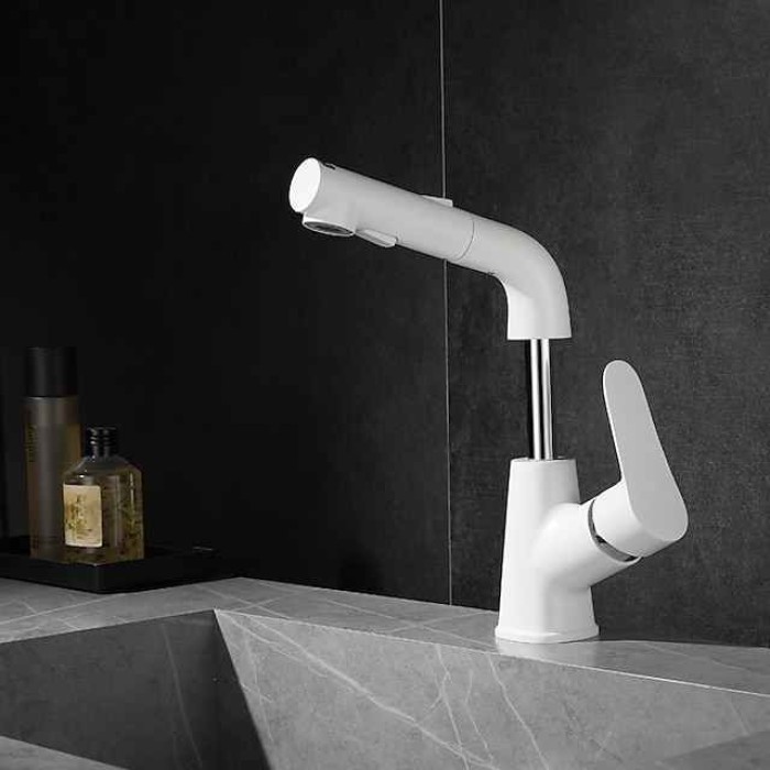 Bathroom Sink Faucet with Pull Out Spray,Brass Liftable 3-modes Electroplated / Painted Finishes Centerset Single Handle One Hole Lavatory Rotating Spout for Cold and Hot Water Bath Taps