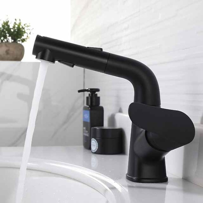 Bathroom Sink Faucet with Pull Out Spray,Brass Liftable 3-modes Electroplated / Painted Finishes Centerset Single Handle One Hole Lavatory Rotating Spout for Cold and Hot Water Bath Taps