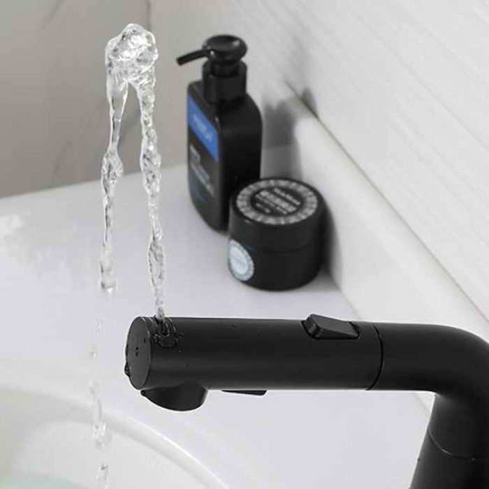 Bathroom Sink Faucet with Pull Out Spray,Brass Liftable 3-modes Electroplated / Painted Finishes Centerset Single Handle One Hole Lavatory Rotating Spout for Cold and Hot Water Bath Taps