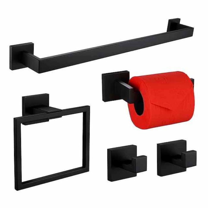 5 Pieces Bathroom Hardware Accessories Set Matte Black Towel Bar Set 2-Hooks Toilet Paper Holder Towel Ring Wall Mounted Stainless Steel 24-Inch Gold Brushed Nickel Chrome