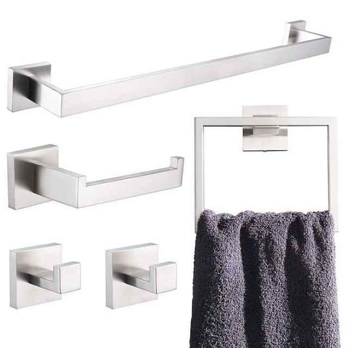 5 Pieces Bathroom Hardware Accessories Set Matte Black Towel Bar Set 2-Hooks Toilet Paper Holder Towel Ring Wall Mounted Stainless Steel 24-Inch Gold Brushed Nickel Chrome