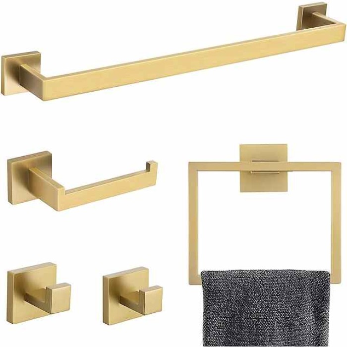 5 Pieces Bathroom Hardware Accessories Set Matte Black Towel Bar Set 2-Hooks Toilet Paper Holder Towel Ring Wall Mounted Stainless Steel 24-Inch Gold Brushed Nickel Chrome