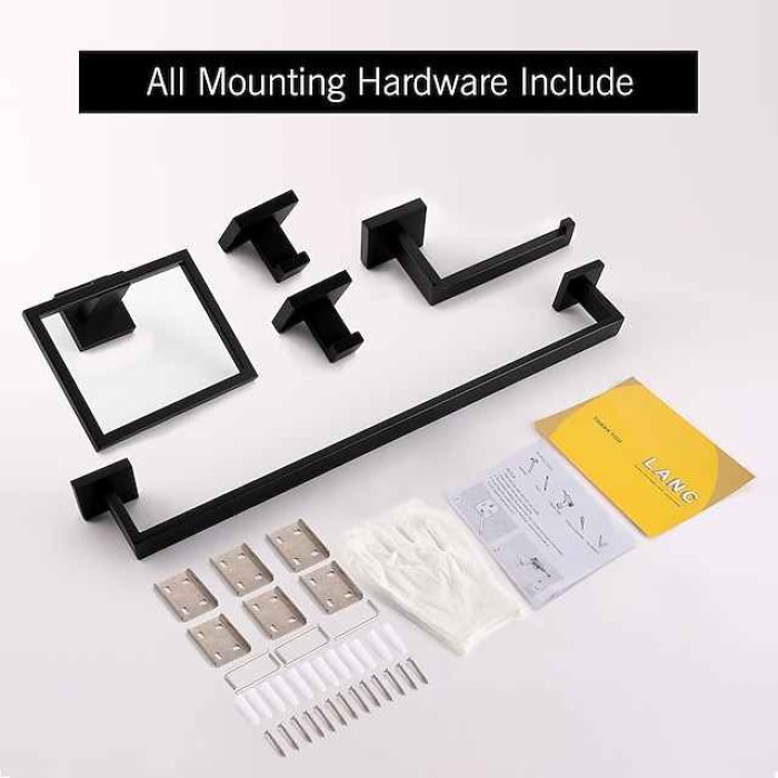 5 Pieces Bathroom Hardware Accessories Set Matte Black Towel Bar Set 2-Hooks Toilet Paper Holder Towel Ring Wall Mounted Stainless Steel 24-Inch Gold Brushed Nickel Chrome