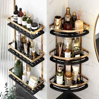 Bathroom Corner Shelf Bathroom Shower Caddy Organizer for Kitchen Toilet No Drilling 2-tier Bathroom Corner Shelves Shower Caddies(Black&Golden)