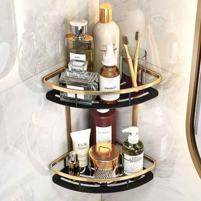 Bathroom Corner Shelf Bathroom Shower Caddy Organizer for Kitchen Toilet No Drilling 2-tier Bathroom Corner Shelves Shower Caddies(Black&Golden)