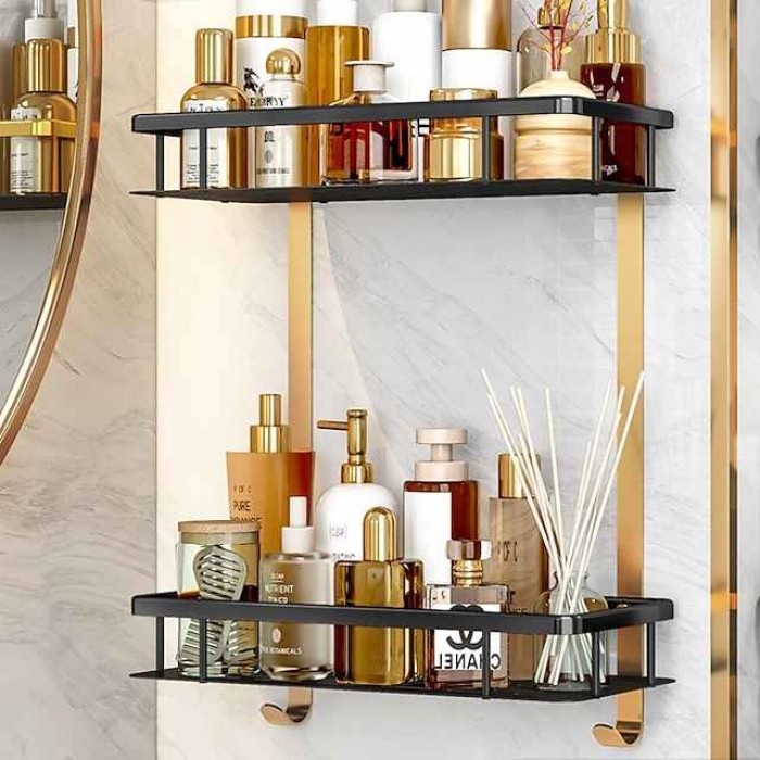 Bathroom Corner Shelf Bathroom Shower Caddy Organizer for Kitchen Toilet No Drilling 2-tier Bathroom Corner Shelves Shower Caddies(Black&Golden)