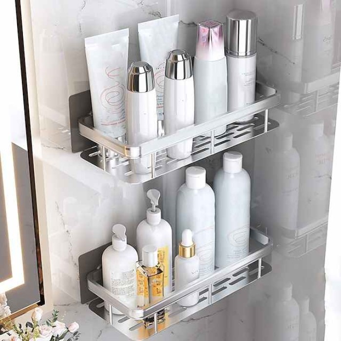 Bathroom Storage Rack Bathroom Storage Rack Upper Storage Cabinet Towel Hanging Below No Need to Drill Holes to Save Space Wall Mounted Design (Silver)