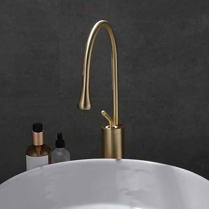 Bathroom Sink Mixer Faucet Brushed Gold Tall Deck Mounted, High Arc Vessel Tap Single Handle One Hole Standard Spout Wahsroom Basin Taps with Cold and Hot Water Hose