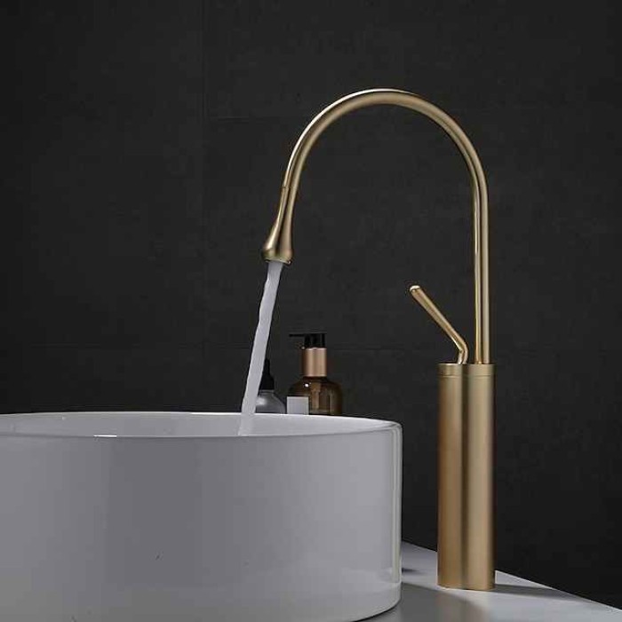 Bathroom Sink Mixer Faucet Brushed Gold Tall Deck Mounted, High Arc Vessel Tap Single Handle One Hole Standard Spout Wahsroom Basin Taps with Cold and Hot Water Hose