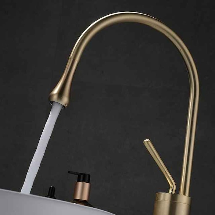 Bathroom Sink Mixer Faucet Brushed Gold Tall Deck Mounted, High Arc Vessel Tap Single Handle One Hole Standard Spout Wahsroom Basin Taps with Cold and Hot Water Hose