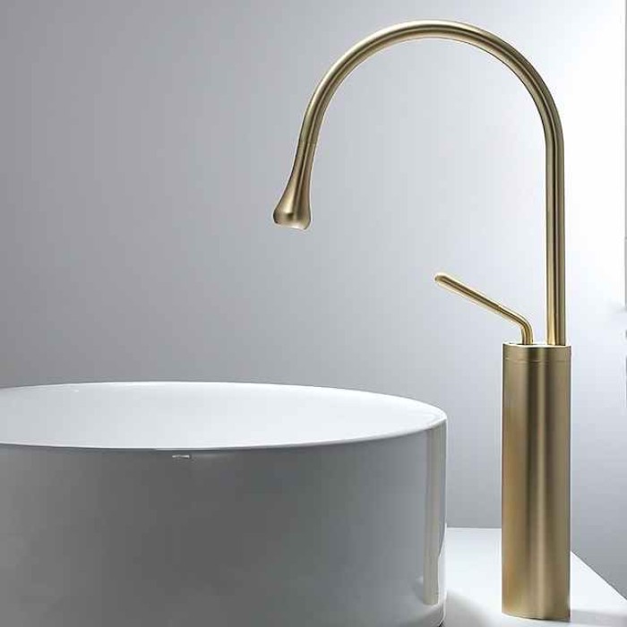 Bathroom Sink Mixer Faucet Brushed Gold Tall Deck Mounted, High Arc Vessel Tap Single Handle One Hole Standard Spout Wahsroom Basin Taps with Cold and Hot Water Hose