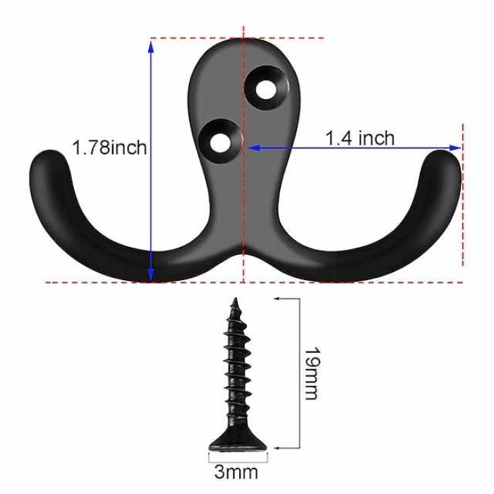 8 Pack Bigger Heavy Duty Double Prong Coat Hooks Wall Mounted with 16 Screws Retro Double Robe Hooks Utility Hooks for Coat Scarf Bag Towel Key Cap Cup Hat