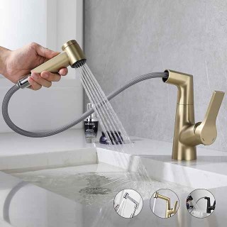 Bathroom Sink Faucet with Pull Out Spray,Brass Liftable 3-modes Electroplated / Painted Finishes Centerset Single Handle One Hole Lavatory Rotating Spout for Cold and Hot Water Bath Taps