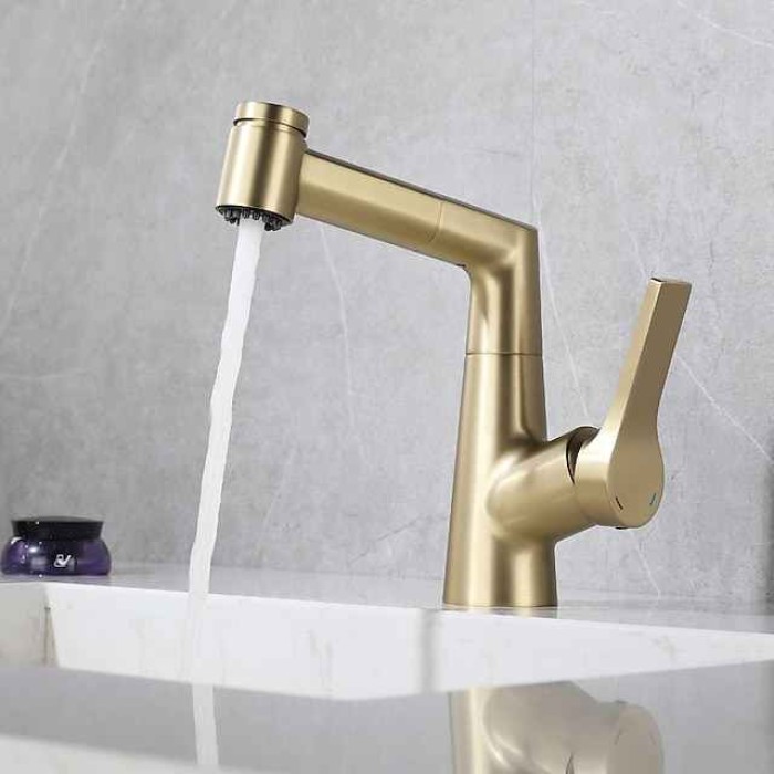 Bathroom Sink Faucet with Pull Out Spray,Brass Liftable 3-modes Electroplated / Painted Finishes Centerset Single Handle One Hole Lavatory Rotating Spout for Cold and Hot Water Bath Taps