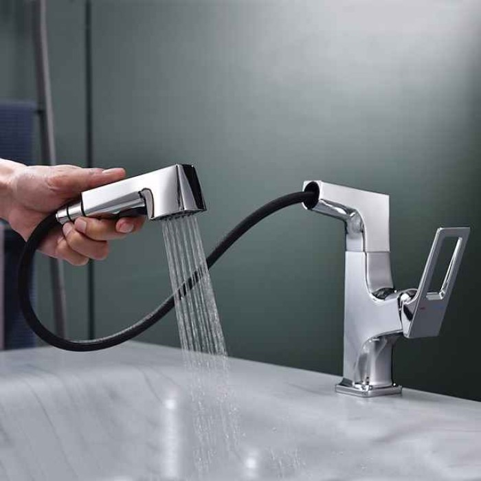 Bathroom Sink Mixer Faucet Liftable Body Pull Out 2 Mode Spout, 360° Rotatable Washroom Brass Basin Tap Deck Mounted, with Hot and Cold Water Vessel Tap