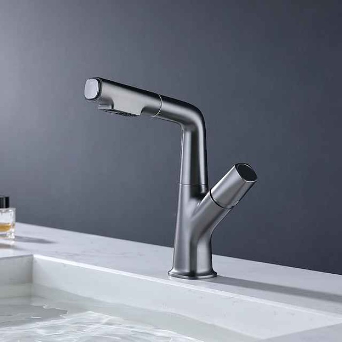 Bathroom Sink Faucet with Pull Out Spray,Brass Liftable 3-modes Electroplated / Painted Finishes Centerset Single Handle One Hole Lavatory Rotating Spout for Cold and Hot Water Bath Taps