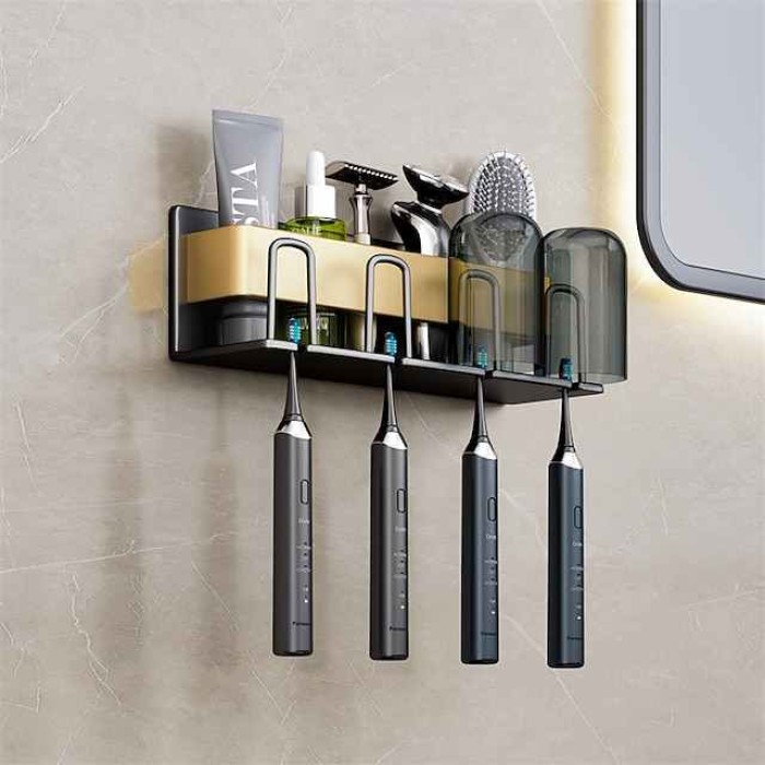 Toothbrush Holder Wall Mounted,Space Aluminium Black&Golden Toothbrush Rack Set for Bathroom Storage