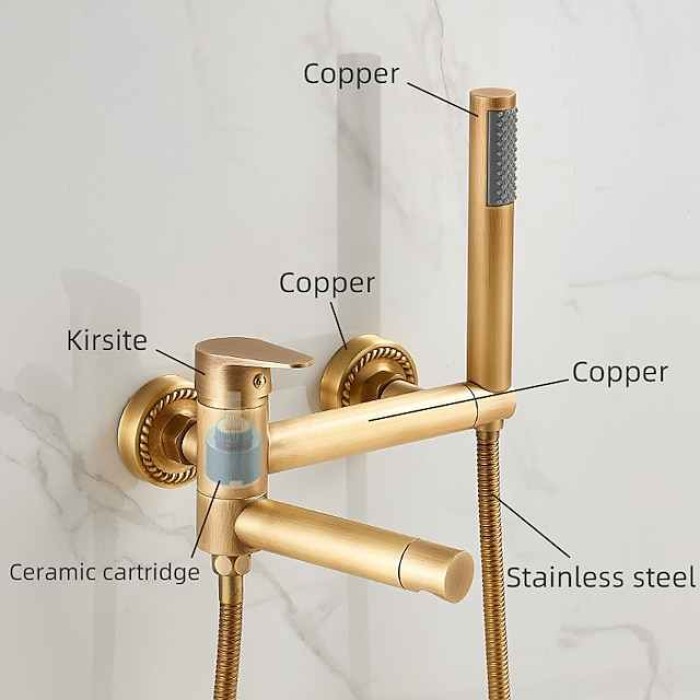 Vintage Bathtub Faucet Dual Spout Wall Mounted Golden, Bath Tub Filler Mixer Brass Tap with Heldhand Showerhand, Ceramic Valve Single Handle Control