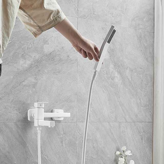 Bathtub Faucet Dual Spout Wall Mounted White, Bath Tub Filler Mixer Brass Tap with Heldhand Showerhand, Ceramic Valve Single Handle Control