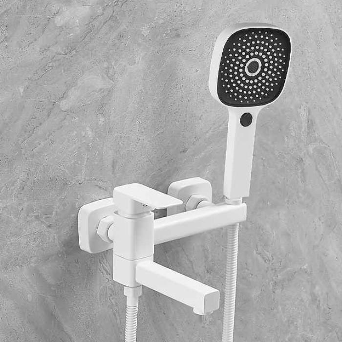 Bathtub Faucet Dual Spout Wall Mounted White, Bath Tub Filler Mixer Brass Tap with Heldhand Showerhand, Ceramic Valve Single Handle Control