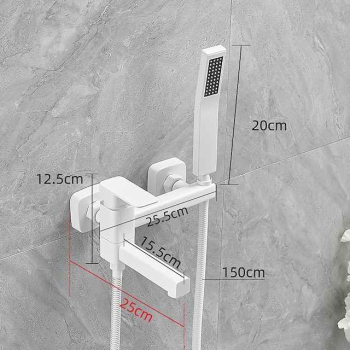 Bathtub Faucet Dual Spout Wall Mounted White, Bath Tub Filler Mixer Brass Tap with Heldhand Showerhand, Ceramic Valve Single Handle Control