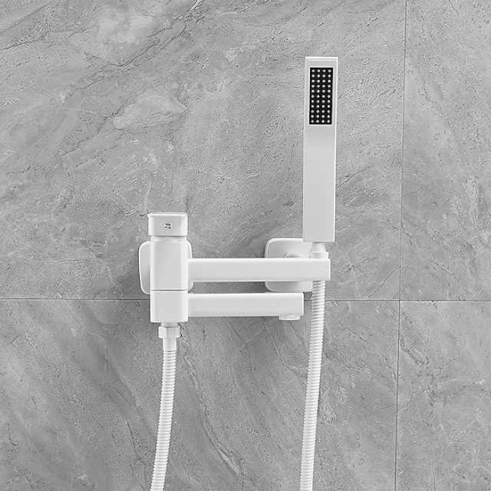 Bathtub Faucet Dual Spout Wall Mounted White, Bath Tub Filler Mixer Brass Tap with Heldhand Showerhand, Ceramic Valve Single Handle Control