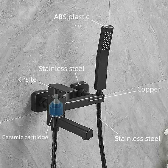 Bathtub Faucet Dual Spout Wall Mounted, Bath Tub Filler Mixer Brass Tap with Heldhand Showerhand, Ceramic Valve Single Handle Control