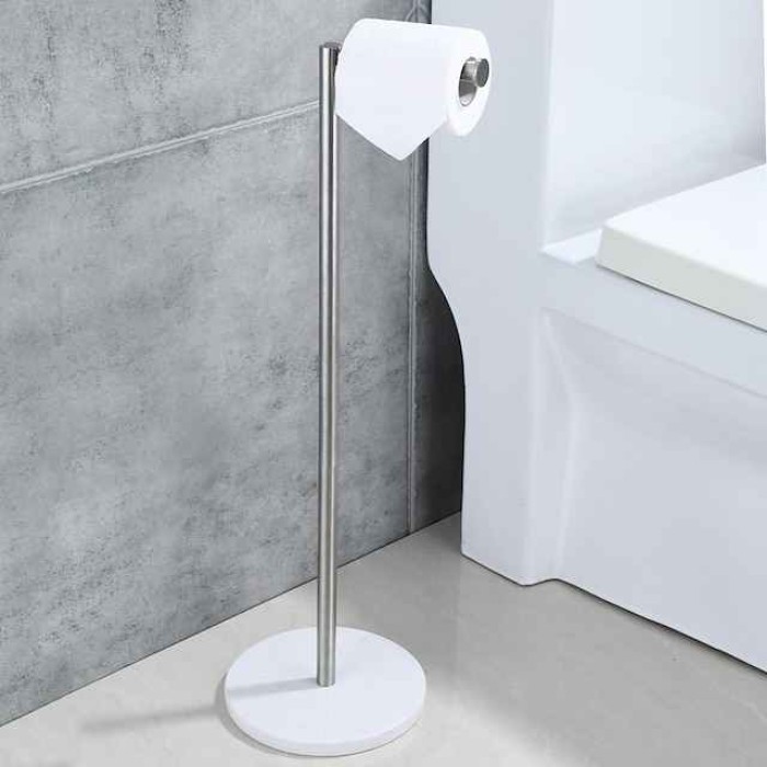 Free Standing Toilet Paper Holder Stand with Marble Base,304 Stainless Steel Rustproof Tissue Roll Holder Floor Stand Storage for Bathroom (Chrome)