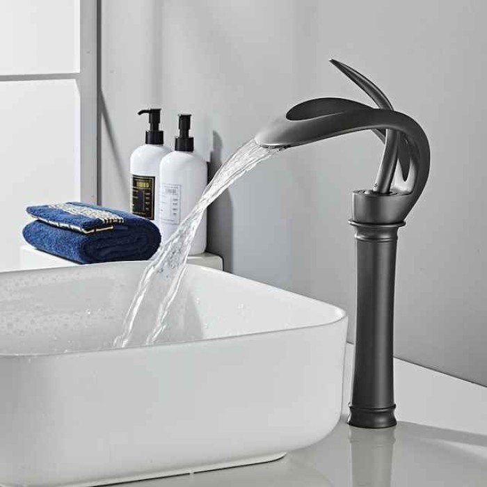 Bathroom Sink Faucet Waterfall Spout, Brass Mixer Basin Taps, Single Handle One Hole Bath Taps Painted Finishes Tall Body Modern Style