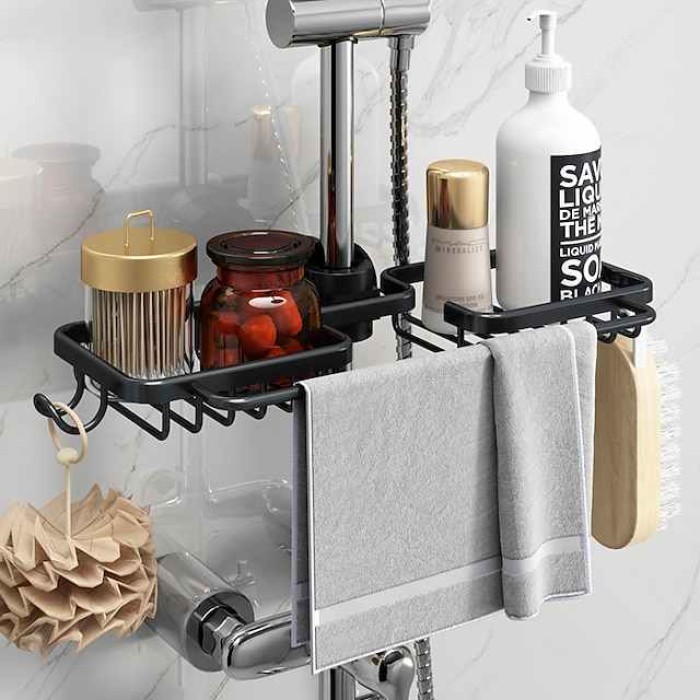 Shower Rack Space Aluminum Bathroom Shower Gel Rack Net Basket Toilet Storage Rack Lifting Shower Bar Tray