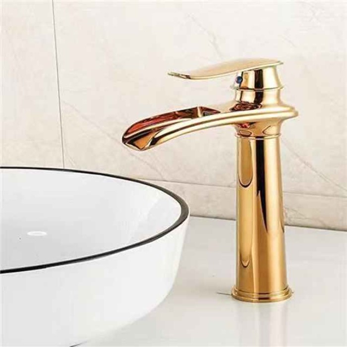 Bathroom Sink Faucet,Brass Waterfall Single Handle Two Holes Bath Taps(Tall or Short Body)