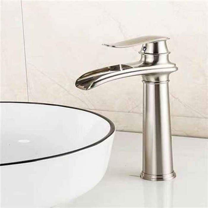 Bathroom Sink Faucet,Brass Waterfall Single Handle Two Holes Bath Taps(Tall or Short Body)