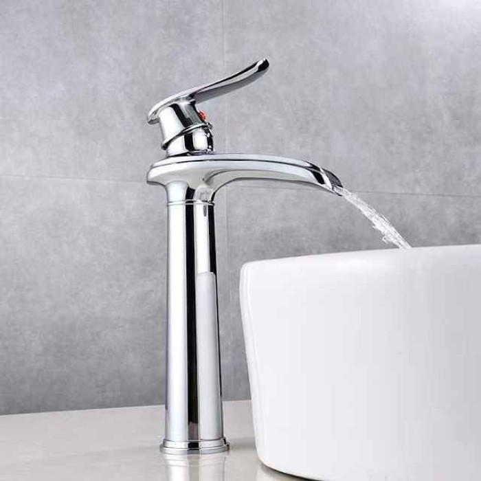 Bathroom Sink Faucet,Brass Waterfall Single Handle Two Holes Bath Taps(Tall or Short Body)