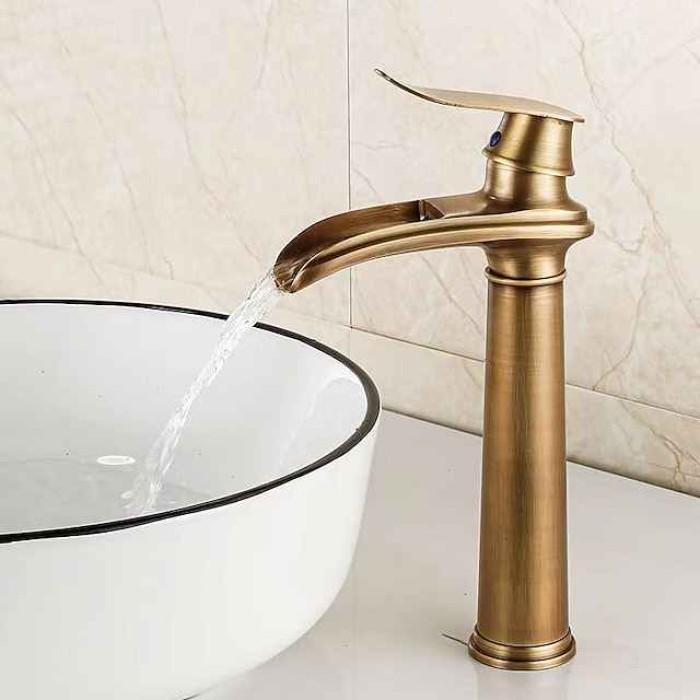 Bathroom Sink Faucet,Brass Waterfall Single Handle Two Holes Bath Taps(Tall or Short Body)