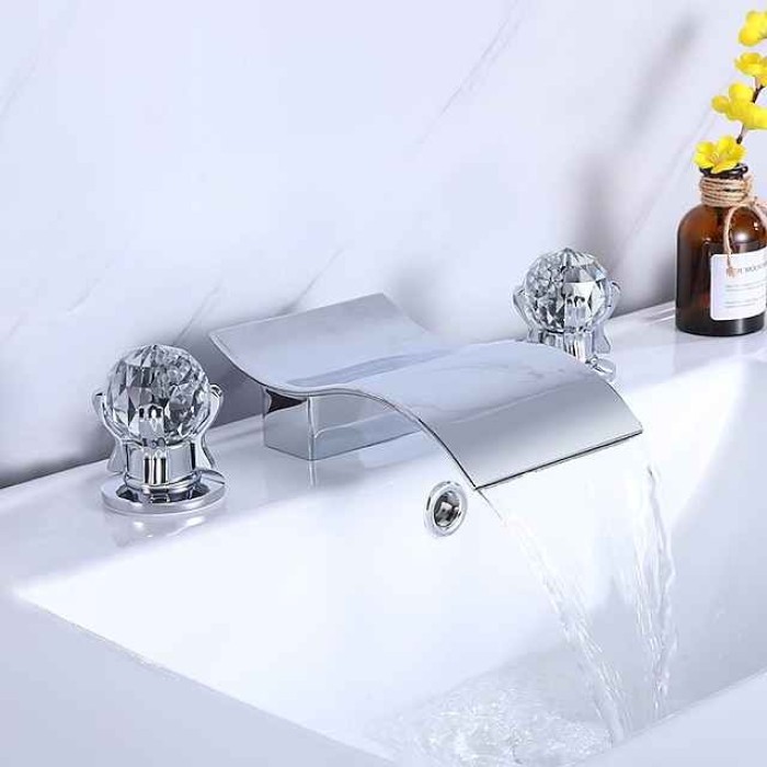 Bathroom Sink Faucet with Two Crystal Knob Handles Waterfall Matte Black/Chrome Deck Mounted Widespread 3 Holes Bathroom Faucets for Bathtub or Sink