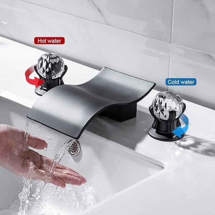 Bathroom Sink Faucet with Two Crystal Knob Handles Waterfall Matte Black/Chrome Deck Mounted Widespread 3 Holes Bathroom Faucets for Bathtub or Sink