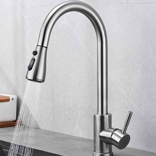 Kitchen Sink Mixer Faucet with Pull Out Spray, 360 Rotating Single Handle Pull Down Tap Nickel Brushed 304 Stainless Steel Deck Mounted Kitchen Vessel Taps