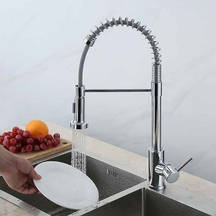 Kitchen Faucets 304 Stainless Steel Single Handle Single Lever Pull Down Sprayer Spring Kitchen Sink Faucet Brushed Nickel