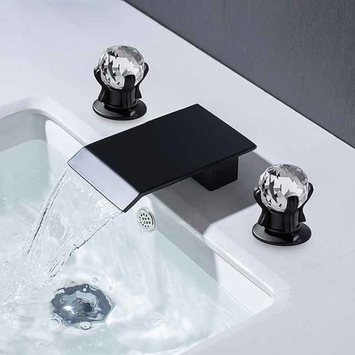 Bathroom Sink Faucet with Two Crystal Knob Handles Waterfall Matte Black/Chrome Deck Mounted Widespread 3 Holes Bathroom Faucets for Bathtub or Sink