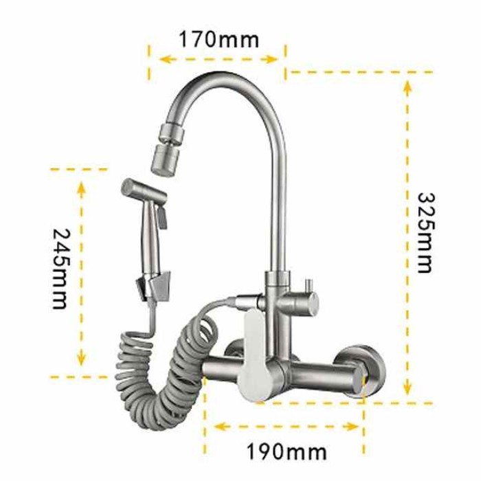 Kitchen Faucet with Bidet Single Handle Two Holes Stainless Steel Standard Spout Wall Mounted Modern Contemporary Kitchen Taps