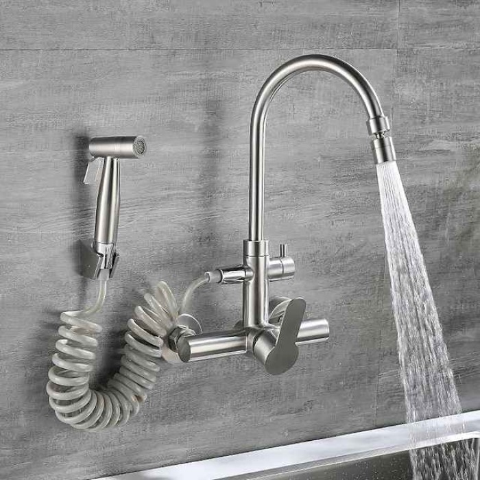 Kitchen Faucet with Bidet Single Handle Two Holes Stainless Steel Standard Spout Wall Mounted Modern Contemporary Kitchen Taps