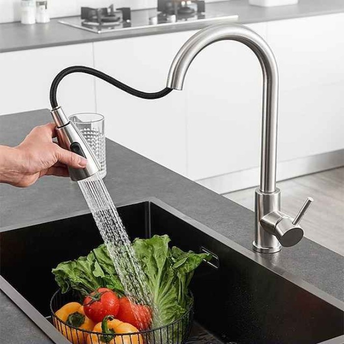 Kitchen Faucet with Pull-out Spray,Single Handle One Hole Stainless Steel Pull-out / Pull-down / Standard Spout / Tall / High Arc Centerset Minimalist / Modern Contemporary Kitchen Taps