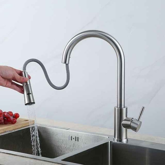 Kitchen Sink Mixer Faucet with Pull-out Spray Stainless Steel, 360 Rotating Single Handle Pull Down Kitchen Vessel Taps Deck Mounted