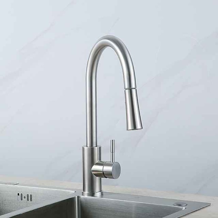 Kitchen Sink Mixer Faucet with Pull-out Spray Stainless Steel, 360 Rotating Single Handle Pull Down Kitchen Vessel Taps Deck Mounted