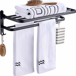 Towel Rack for Bathroom,Matte Black Aluminum  Bathroom Shelf Self-adhesive Foldable Towel Bar with Hook Bathroom Hardware