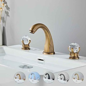 Bathroom Sink Faucet 3 Hole Deck Mounted Widespread Brass Bathroom Faucet Crystal Handle Mixer Tap (Golden/Black/Chrome)