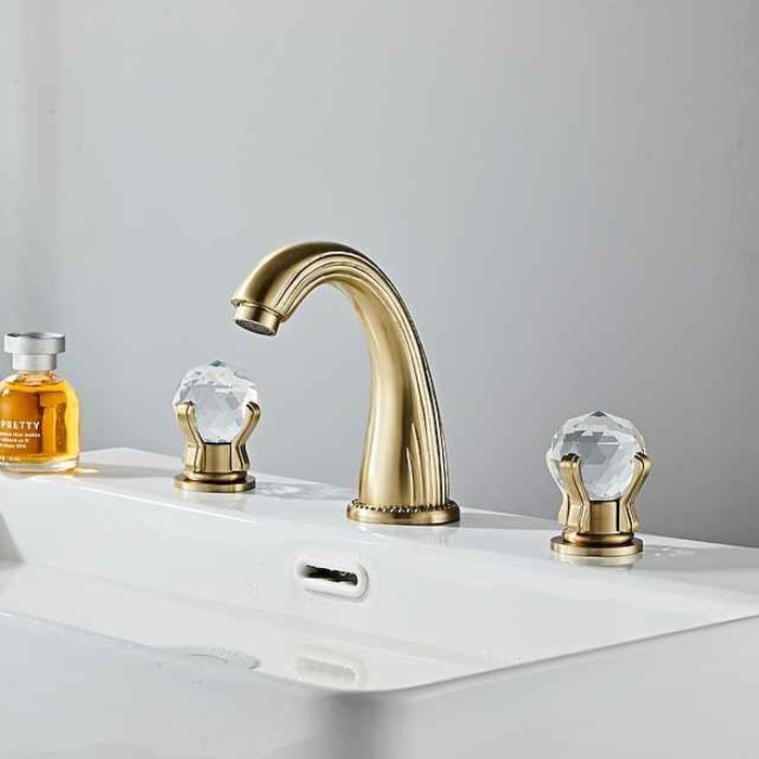 Bathroom Sink Faucet 3 Hole Deck Mounted Widespread Brass Bathroom Faucet Crystal Handle Mixer Tap (Golden/Black/Chrome)