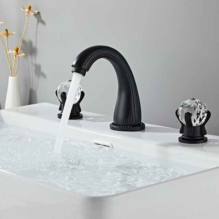 Bathroom Sink Faucet 3 Hole Deck Mounted Widespread Brass Bathroom Faucet Crystal Handle Mixer Tap (Golden/Black/Chrome)