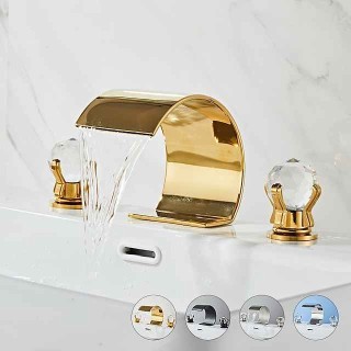 Bathroom Faucet 3 Hole Dual Crystal Knobs Widespread 3 Holes Vanity Basin Mixer Tap Bathtub Filler Faucet Waterfall Faucet for Bathroom(Golden/Black/Chrome)